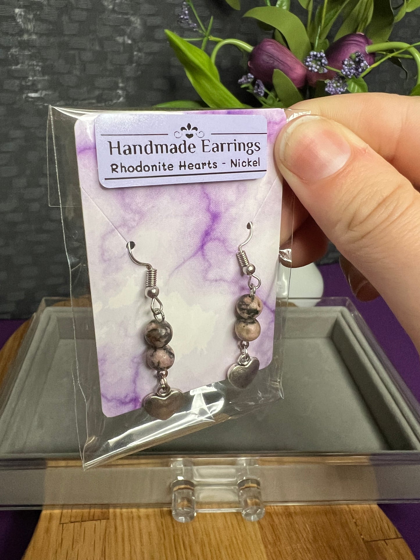 Handmade Earrings - Rhodonite Hearts (Nickel)
