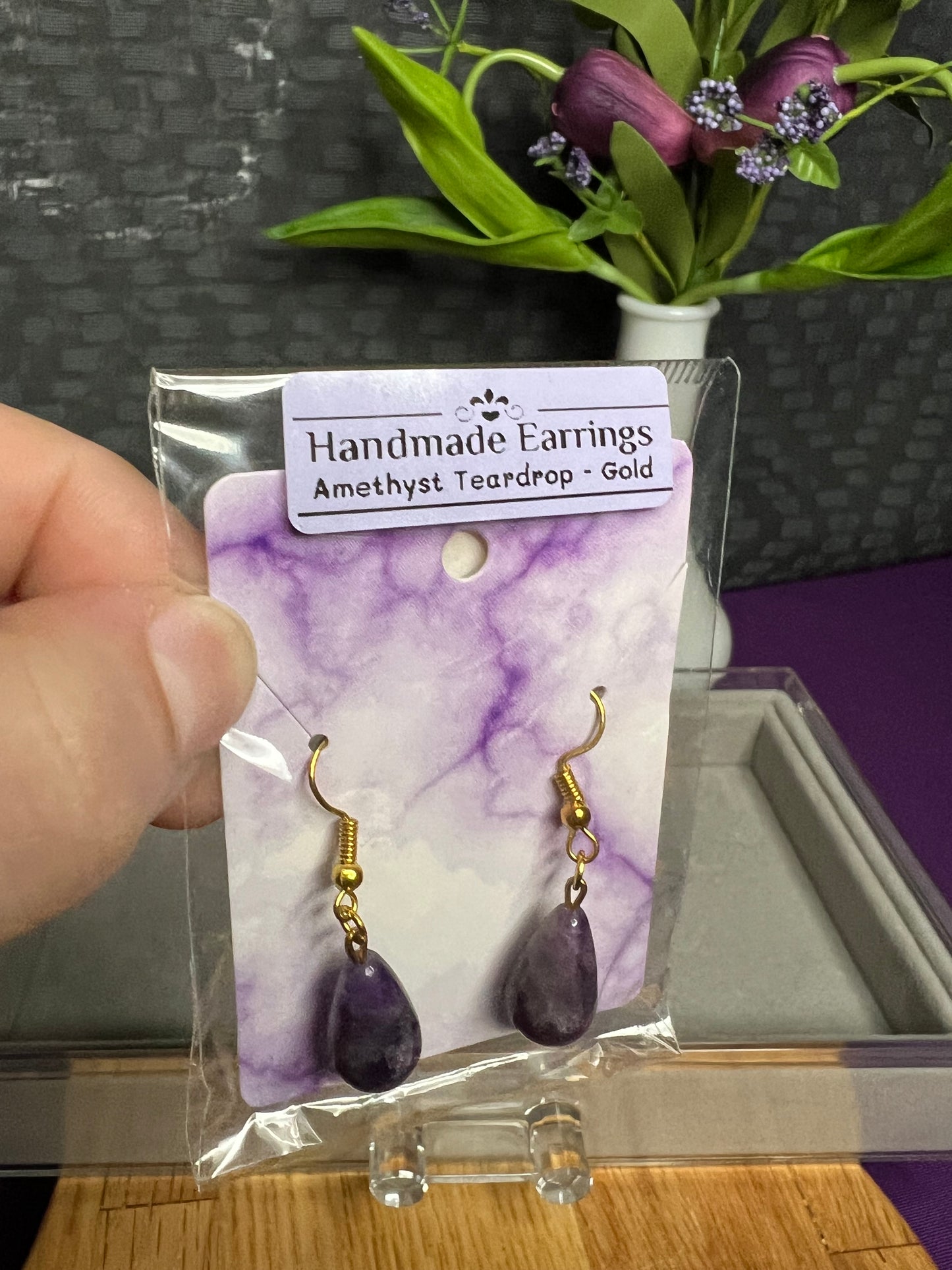 Handmade Earrings - Amethyst Teardrops (Gold)