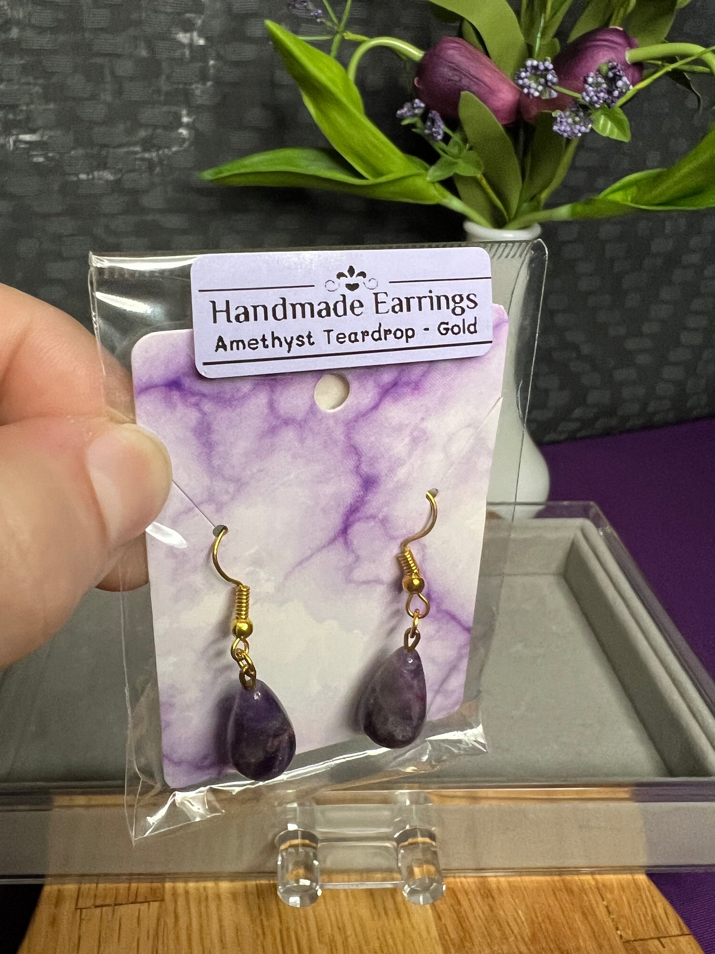 Handmade Earrings - Amethyst Teardrops (Gold)