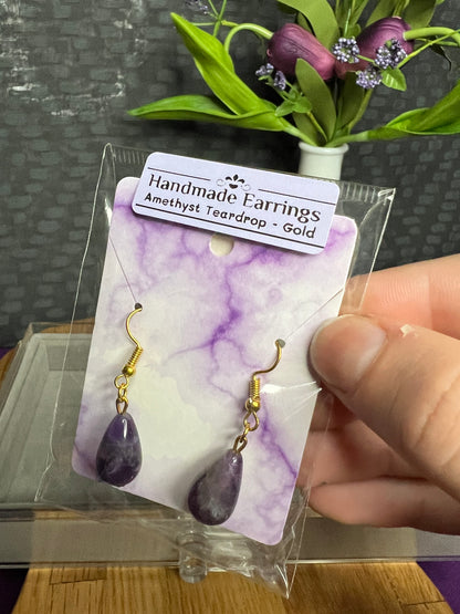 Handmade Earrings - Amethyst Teardrops (Gold)