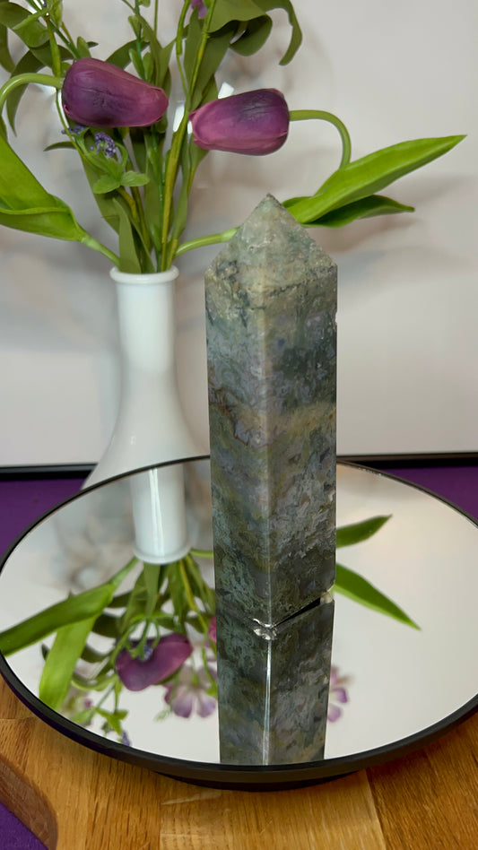 Moss Agate L Druzy Tower Obelisk